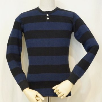 THLB-01W-ブラックネイビー-ヘンリーネックボーダーサーマル01W-THLB01W-FLATHEAD-フラットヘッドサーマルTシャツ-ヘンリーネックサーマルTシャツの画像