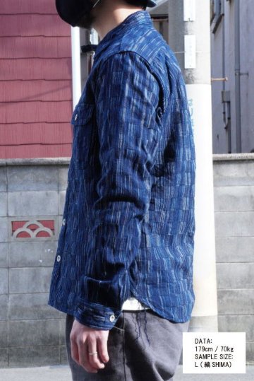 SSS21-IK-藍シマ-藍市松絣ワークシャツ21-IK-SSS21IK-SAMURAIJEANS-サムライジーンズシャツ-長袖シャツの画像