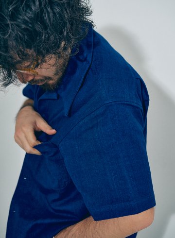 SOS25-AHB 藍 藍浅葱ヘリンボンオープンカラーシャツ SOS25AHB SAMURAIJEANS サムライジーンズ サムライジーンズオープンカラーシャツの画像