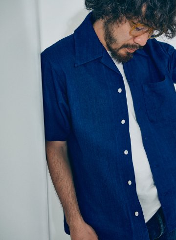 SOS25-AHB 藍 藍浅葱ヘリンボンオープンカラーシャツ SOS25AHB SAMURAIJEANS サムライジーンズ サムライジーンズオープンカラーシャツの画像