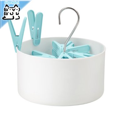 【IKEA Original】TORKIS -トルキス- 洗濯バサミ用バスケット 洗濯バサミ30個付き 室内/屋外用 ホワイト ブルー画像