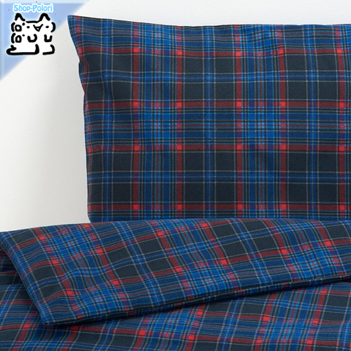 【IKEA Original】MOSSRUTA -モスルータ- 掛け布団カバー＆枕カバー（枕カバー2枚） ダークブルー チェック 200x200/50x60 cmの画像