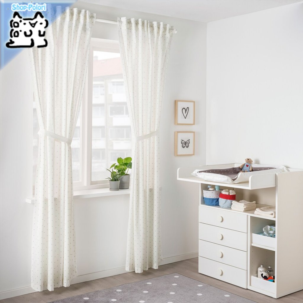 【IKEA Original】LEN -レーン- カーテン タッセル付き 1組 水玉模様 ホワイト 120x250 cmの画像