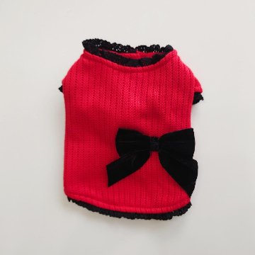 knit puff sleeve ribbon topsの画像