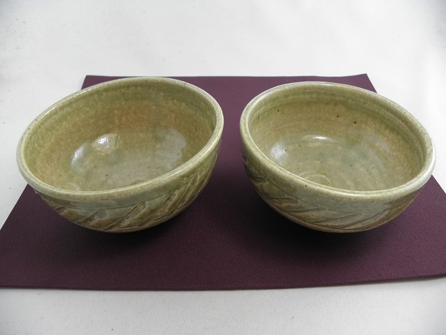 jms-1 ピードロ線刻紋　夫婦飯碗  文部大臣奨励賞受賞作家　荒川明作 木箱付きの画像