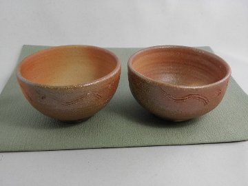 jms-2 焼締 夫婦ご飯茶碗　文部大臣奨励賞受賞作家　荒川明作 木箱付きの画像