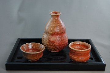 cts-3 焼締 徳利＋ぐいのみ  文部大臣奨励賞受賞作家　荒川明作 木箱付きの画像