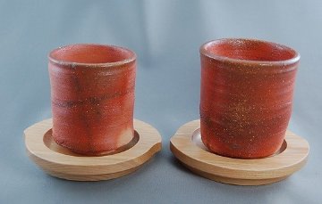 cyus-1　 薪窯 焼締 夫婦湯のみ  文部大臣奨励賞受賞作家　荒川明作 木箱付きの画像