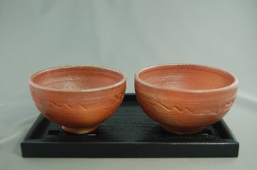 dms-3 焼締 夫婦ご飯茶碗  文部大臣奨励賞受賞作家　荒川明作 木箱付きの画像