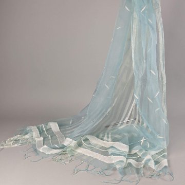 藍染シルクストール　生藍染　薄藍　真綿入りストライプの画像