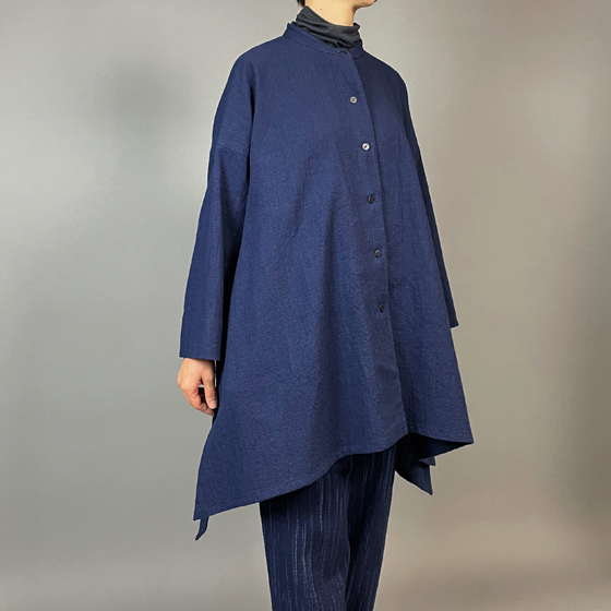 【備後絣】藍染め　ロングフレアーシャツ　濃紺スラブ 再入荷の画像