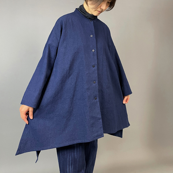 【備後絣】藍染め　ロングフレアーシャツ　濃紺スラブ 再入荷の画像