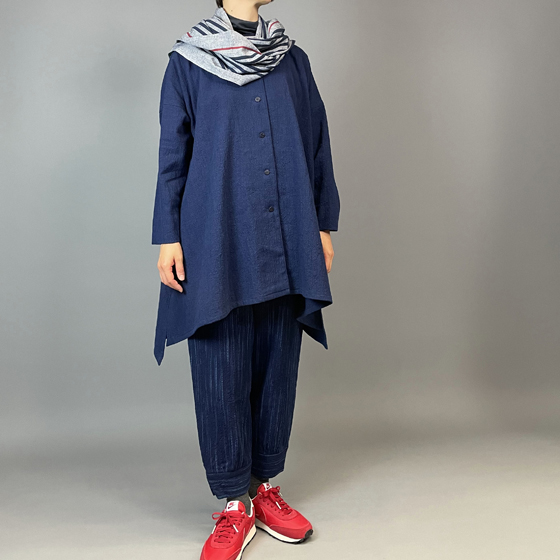 【備後絣】藍染め　ロングフレアーシャツ　濃紺スラブ 再入荷の画像