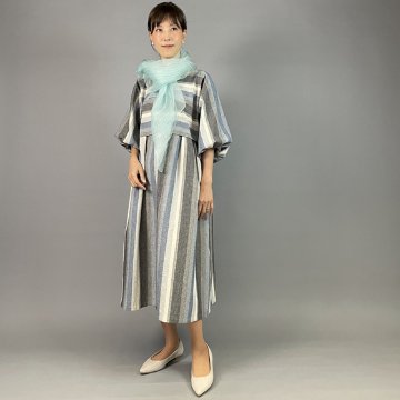【亀田縞】バルーン袖ワンピース ライトブルー縞の画像