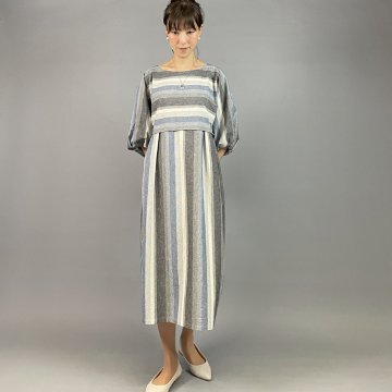 【亀田縞】バルーン袖ワンピース ライトブルー縞の画像