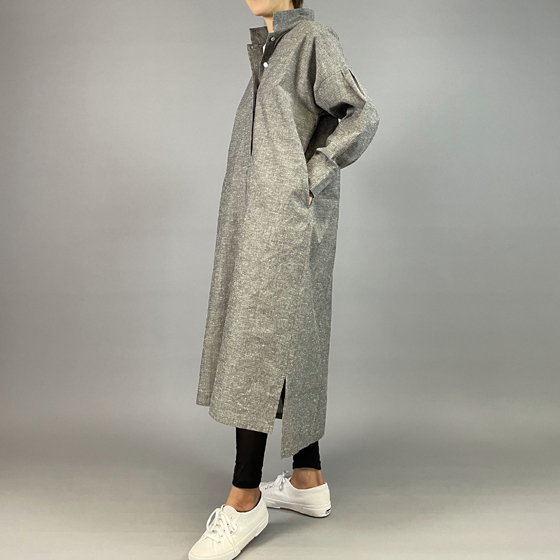 【遠州綿紬】立ち襟ストレートワンピース グレーの画像