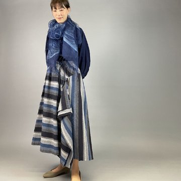 【亀田縞】アシメドレープスカート　CN26-2　紺縞画像