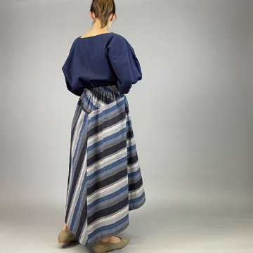 【亀田縞】アシメドレープスカート　CN26-2　紺縞画像