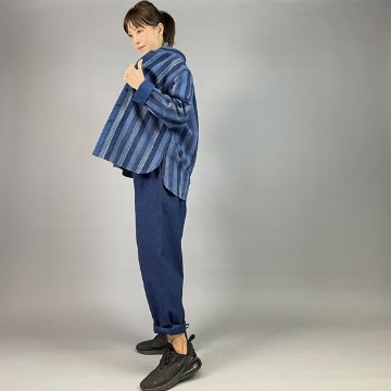 【備後絣】スタンドカラーシャツ　藍染め　絣(かすり)No.30 　画像