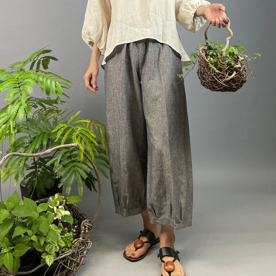 【亀田縞】裾タックワイドパンツ　綿麻　ベージュの画像