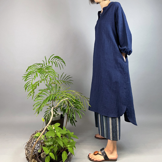 【備後絣】藍染め　綿麻　衿ギャザーワンピースの画像