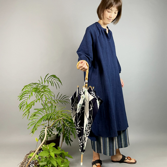 【備後絣】藍染め　綿麻　衿ギャザーワンピースの画像