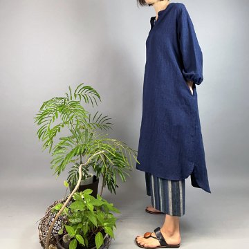 【備後絣】藍染め　綿麻　衿ギャザーワンピースの画像