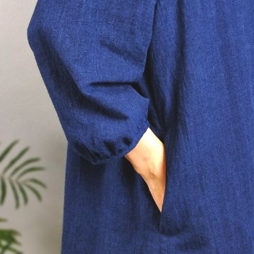 【備後絣】藍染め　綿麻　衿ギャザーワンピースの画像