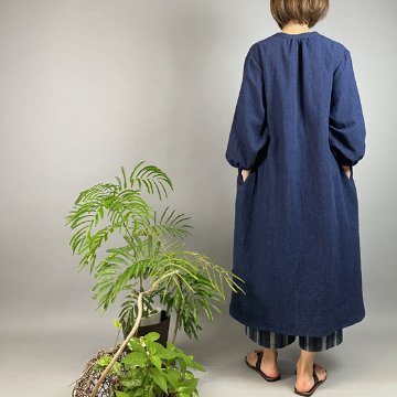 【備後絣】藍染め　綿麻　衿ギャザーワンピースの画像