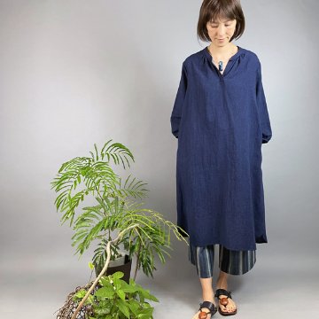 【備後絣】藍染め　綿麻　衿ギャザーワンピースの画像