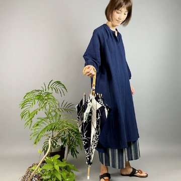 【備後絣】藍染め　綿麻　衿ギャザーワンピースの画像