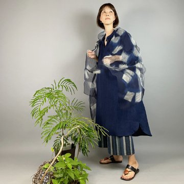 【備後絣】藍染め　綿麻　衿ギャザーワンピースの画像