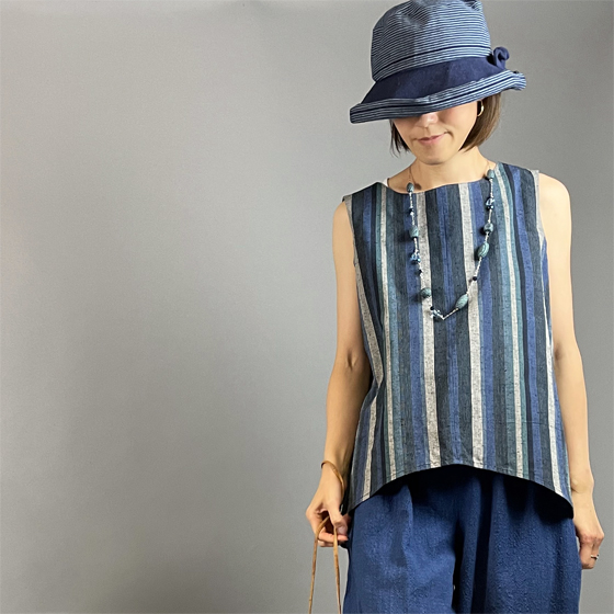 【遠州綿紬】ラウンドノースリーブ　　　「大海」の画像