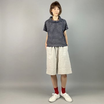 【亀田縞】オフタートルフレンチブラウス　綿ちぢみ　紺地ストライプ　　の画像