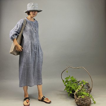 【近江の麻】ピンタックワンピース　サックスブルーの画像
