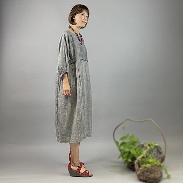 【近江の麻】バルーンワンピース　グレーちぢみの画像