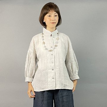 【近江の麻】バルーン袖のシャツブラウス　ヘアライン　画像