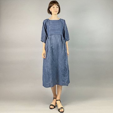 【近江の麻】バルーンワンピース　青細縞ちぢみの画像