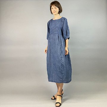 【近江の麻】バルーンワンピース　青細縞ちぢみの画像