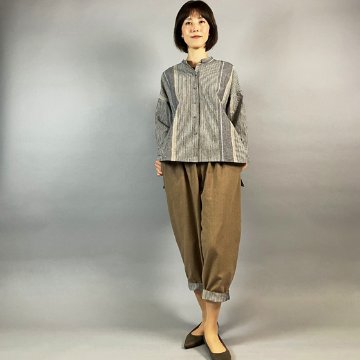 【亀田縞】テントショートブラウス　ベージュ縞の画像