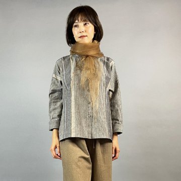 【亀田縞】テントショートブラウス　ベージュ縞の画像