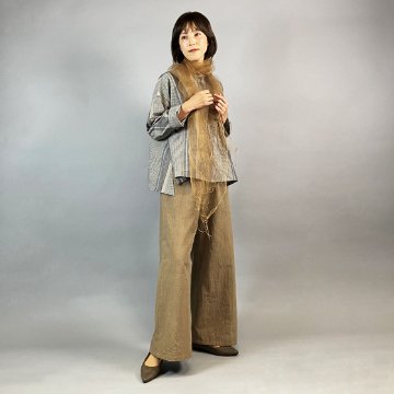 【亀田縞】テントショートブラウス　ベージュ縞の画像