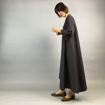 【亀田縞】三角フレアワンピース　七分袖　茶×紺 細縞の画像