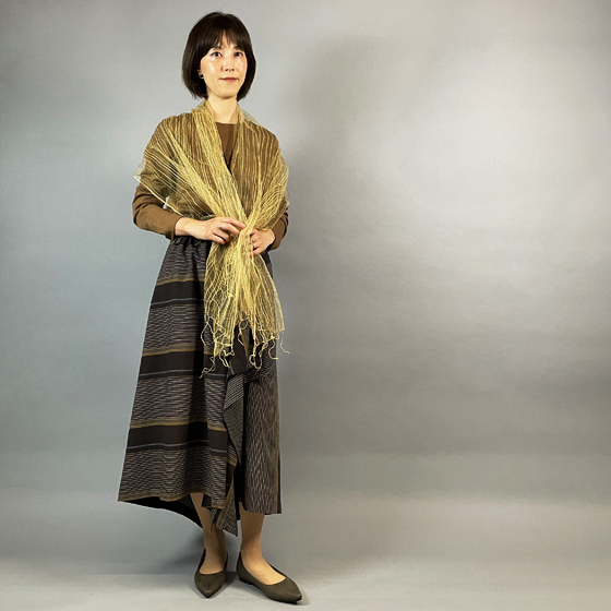 【亀田縞】アシメドレープスカート　茶×紺　多色縞の画像