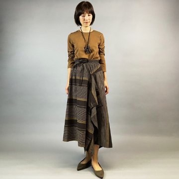 【亀田縞】アシメドレープスカート　茶×紺　多色縞の画像
