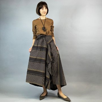 【亀田縞】アシメドレープスカート　茶×紺　多色縞の画像
