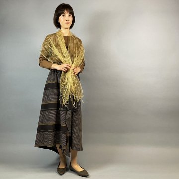 【亀田縞】アシメドレープスカート　茶×紺　多色縞の画像