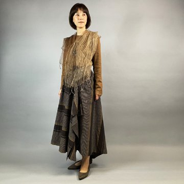 【亀田縞】アシメドレープスカート　茶×紺　多色縞の画像