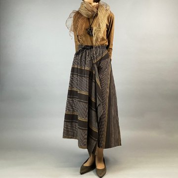 【亀田縞】アシメドレープスカート　茶×紺　多色縞の画像