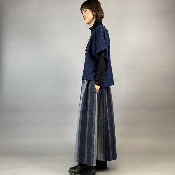 【亀田縞】ギャザースカート　紺グレー　太縞の画像